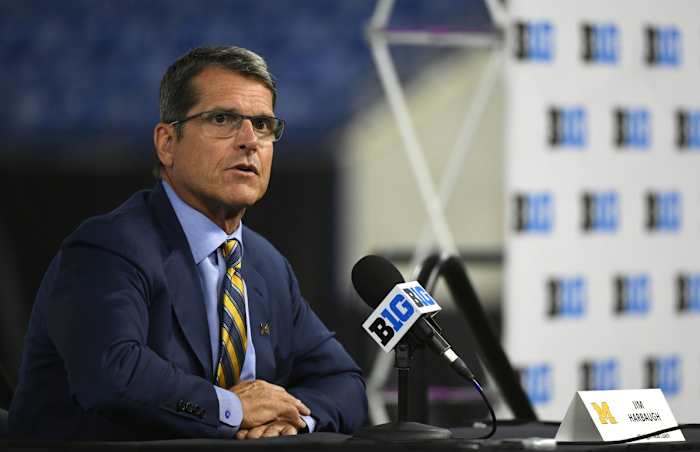 Jul 22, 2021; Indianapolis, Indiana, USA; Michigan Wolverines head coach Jim Harbaugh speaks to the media during Big Ten media days at Lucas Oil Stadium.
